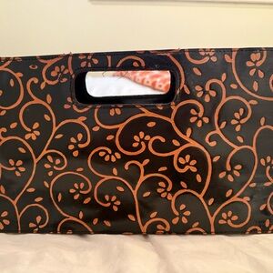 Genuine Leather; Handle Clutch ;Black and Orange Patterned Handbag